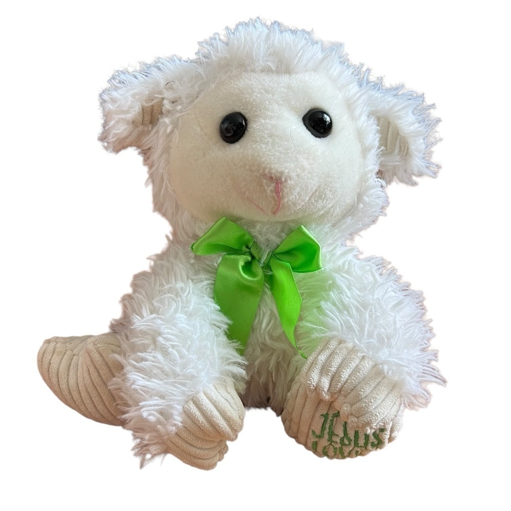 Fiesta Scruffy Lamb Sheep Bow Jesus Loves Me Soft Plush Stuffed Animal Toy White